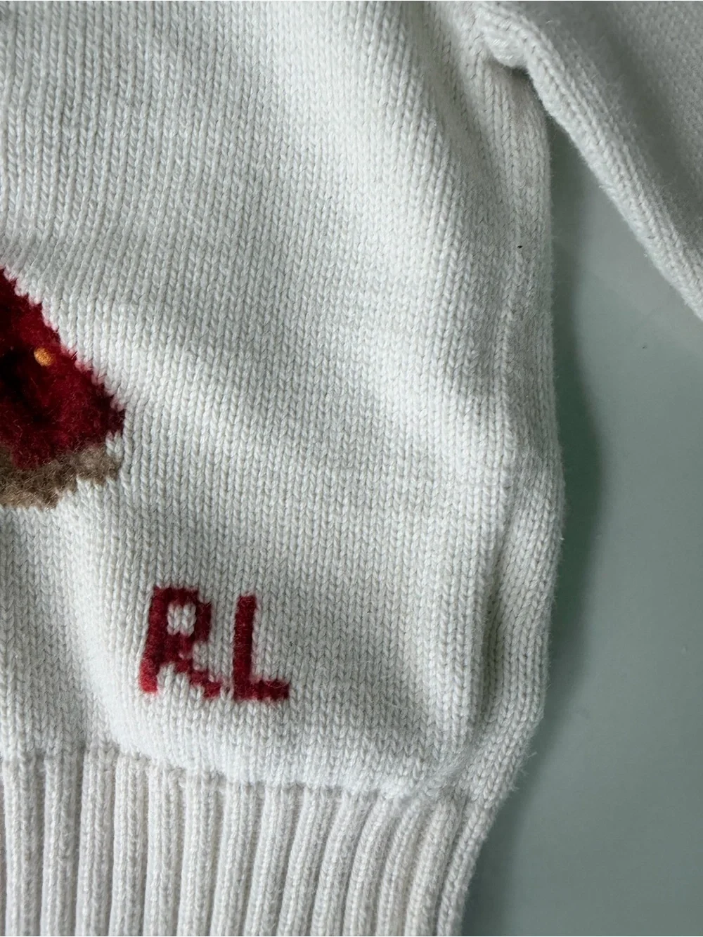 Ralph Lauren Cream Knit Sweater with Dog Motif and Red Accent